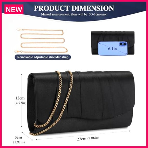 Satin Pleated Evening Clutch with Detachable Chain, Formal Party Bag